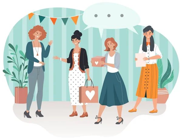 Feliz aniversário, convidados sorridentes com presentes presentes veio para mulheres festa aniversário desenho animado vetor ilustração . —  Vetores de Stock