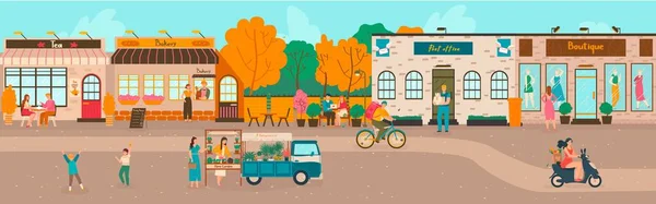 小镇街道，步行的人，面包店，咖啡馆和商店，古老的欧洲建筑城市景观卡通画. — 图库矢量图片
