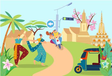 Tayland halkı geleneksel Tayland dansı mutlu insanlar beyaz bisikletli çiftten önce, egzotik seyahat eğlence çizgi filmi vektör çizimi.