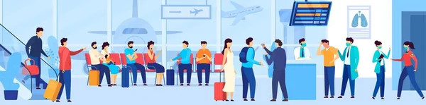 Personas esperando en la cola del aeropuerto, evacuación turística de la región epidémica de coronavirus, ilustración vectorial — Archivo Imágenes Vectoriales