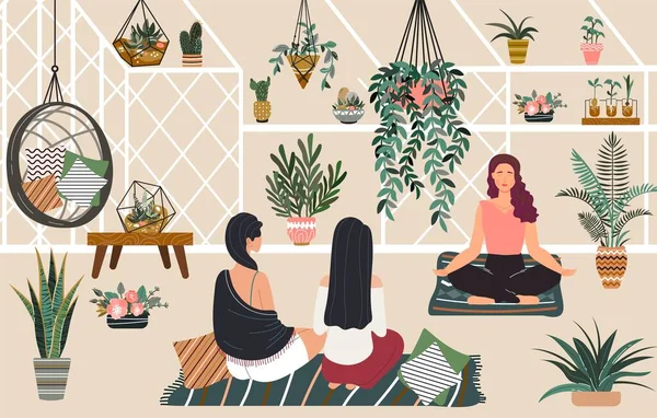 Lidé relaxují jógu a meditaci ve skleníkovém hygge domově, ženy siiting pokoj se zelenými rostlinami relaxační ploché vektorové ilustrace. — Stockový vektor