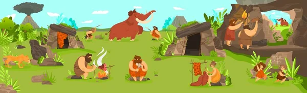 Prehistorische mensen leven in primitieve stam nederzetting, mannen jagen mammoet en kinderen spelen, vector illustratie — Stockvector