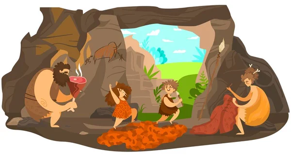 Förhistoriska människor familj, glada primitiva barn leker, stenålder föräldrar bor i grotta, vektor illustration — Stock vektor