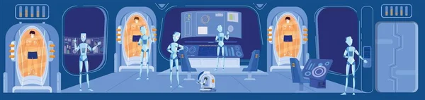 Missione astronave di controllo robot con persone in capsule di stasi, scena fantascientifica, illustrazione vettoriale — Vettoriale Stock