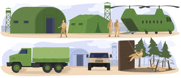 Personnes dans le camp de base militaire, soldats s'entraînant dans l'armée, exercices de camp d'entraînement, illustration vectorielle — Image vectorielle