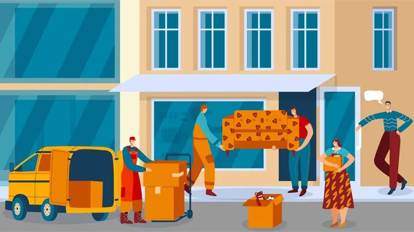 Personas que se trasladan a nuevo apartamento de la ciudad, transporte de muebles y servicio de entrega de cajas, ilustración vectorial — Archivo Imágenes Vectoriales