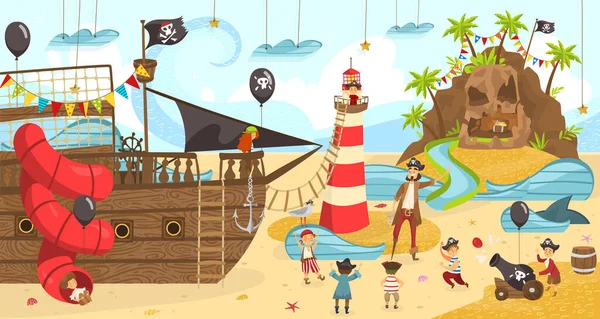 Festa de pirata para crianças aniversário, crianças felizes jogando jogo divertido, ilustração vetorial —  Vetores de Stock