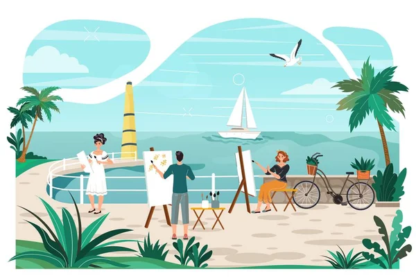 Aula de arte em férias à beira-mar, artistas pessoas com cavalete desenhar iate no mar, resort tropical e palmeiras desenho animado ilustração vetor . —  Vetores de Stock