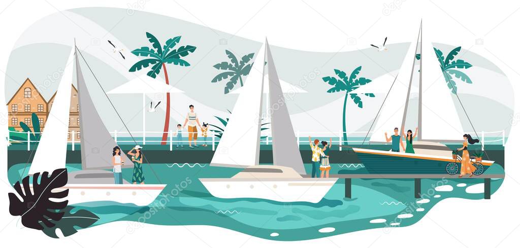 Seaside promenade summer landscape, people on yacht in sea, tropical resort and palm trees on beach cartoon vector illustration.