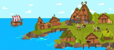 Vikingler ve İskandinav savaşçıları İskandinav tarihi çizgi roman sanatının komik vektör çizimlerini yerleştirdiler..