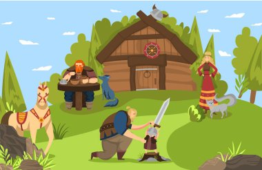 Vikingler ve İskandinav savaşçıları, İskandinav tarihi çizgi roman sanatı, aile ve ev çizimleri..