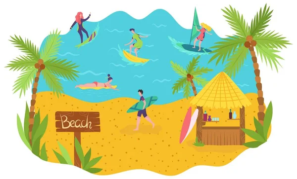 Surfers στην παραλία του ωκεανού απολαύσετε καλοκαιρινές διακοπές, οι άνθρωποι που δραστηριοποιούνται αναψυχής, διανυσματική απεικόνιση — Διανυσματικό Αρχείο