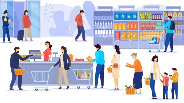 Orang-orang membeli makanan di supermarket, baris di meja kas, pelanggan toko kelontong, ilustrasi vektor - Stok Vektor
