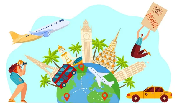 Tijd om te reizen concept, gelukkig opgewonden toeristen, sightseeing reis rond de wereld, vector illustratie — Stockvector