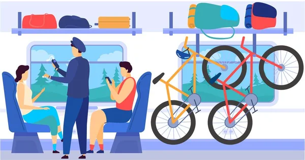 Train metro subway interior with commuting passengers, controllers, bycicles in luggage cell, baggage cartoon vector illustration. — Stock Vector