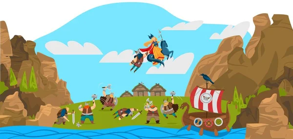 Wikinger und skandinavische Krieger, Götter, Landschaft lustige Cartoon-Vektorillustration aus der skandinavischen Geschichte. — Stockvektor