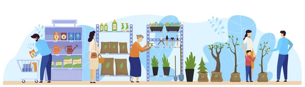 Cliente de la tienda de flores, gente eligiendo plantas de interior y productos de jardinería en la tienda floral, ilustración vectorial — Archivo Imágenes Vectoriales