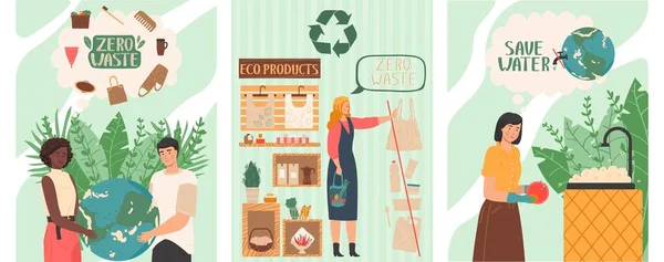 Zero waste lifestyle, people save planet by refusing to buy plastic products, vector illustration — Stock Vector