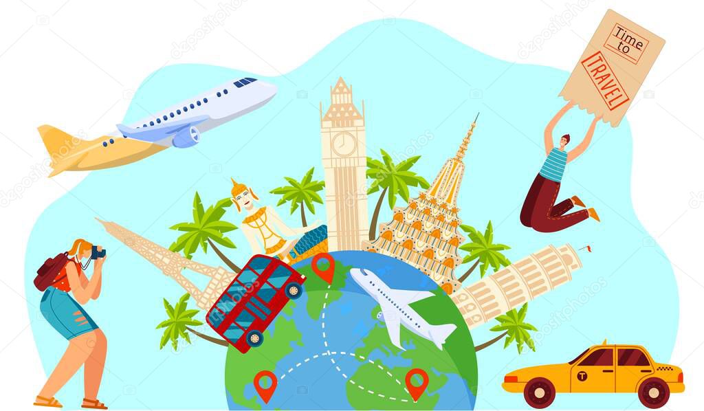 Time to travel concept, happy excited tourist people, sightseeing journey around world, vector illustration