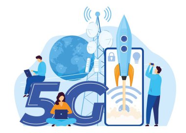 Hızlı 5 gramlık internet, karakter insanları, erkek ve kadın cihazlar kullanıyor. Teknolojik düz, küçük vektör çizimi. Roketi fırlat, cep telefonu.