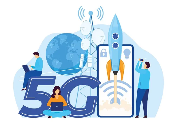 Snabb hastighet 5g internet, karaktär människor, manlig och kvinnlig användning gadget, teknisk platt liten vektor illustration. Startraket, mobiltelefon. — Stock vektor