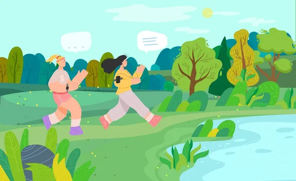 Donna che corre nel parco cittadino, personaggio femminile, riposo e passeggiate, illustrazione vettoriale piatta. Persone nel parco nazionale . — Vettoriale Stock