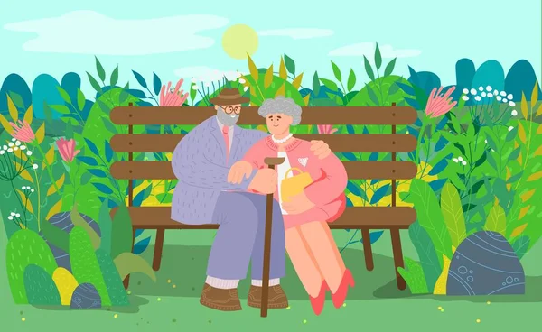 Antigua pareja encantadora, personaje envejecido mujeres y hombres sentados en el banco, ilustración de vectores planos. Gente en el parque nacional, lugar para relajarse . — Archivo Imágenes Vectoriales