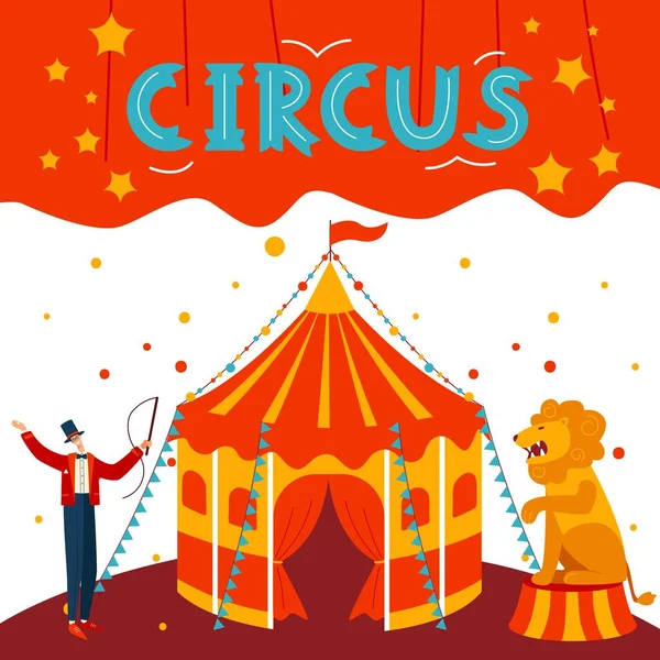Tente de cirque, dompteur mâle personnage, tigre animal, isolé sur une illustration vectorielle plate et blanche. Spectacle de cirque, carte d'invitation promotionnelle . — Image vectorielle