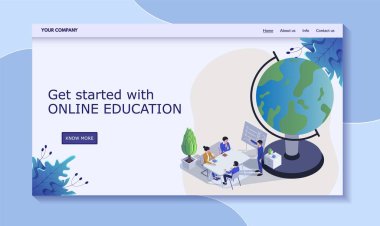Çevrimiçi eğitime başlayın, konsept insanlar dünyanın her yerinde masaya otursun, uzaktan aydınlanma vektörü illüstrasyonu. Web pankartı tasarla.