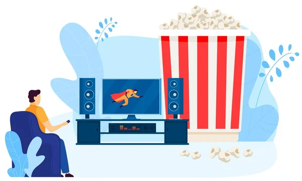 Мужской персонаж смотрит домашний кинотеатр, большую коробку попкорна, изолированную на белой плоской векторной иллюстрации. Человек смотрит на экран телевизора . — стоковый вектор