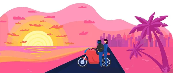Personagem motociclista masculino, feminino, casal na ilustração do vetor de moto. Néon, estilo plano vintage, pôr-do-sol laranja, pôr-do-sol, palmeira, estrada para a cidade . —  Vetores de Stock