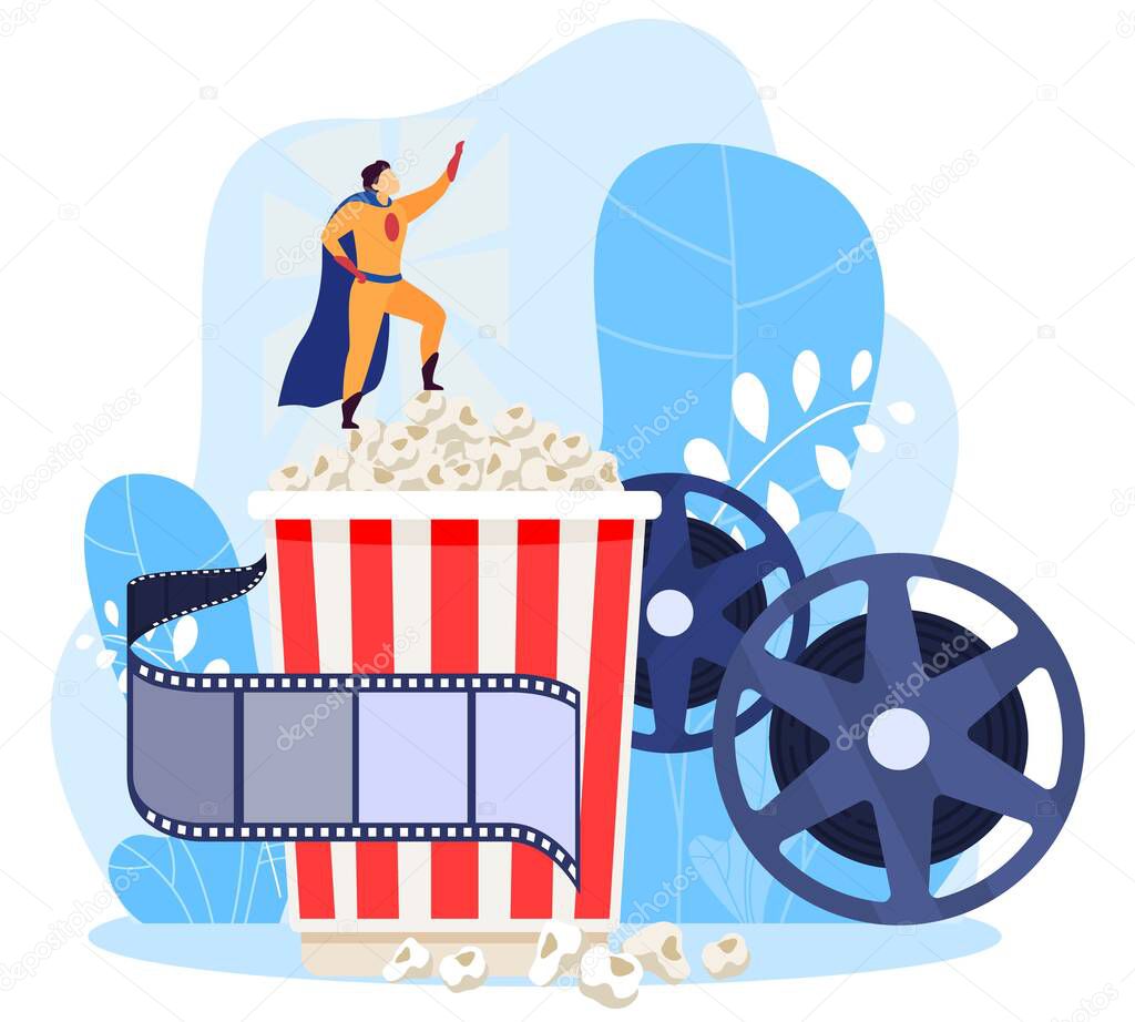 Character male superhero stand in popcorn box, cinema concept, isolated on white, flat vector illustration. Design for website and banner.