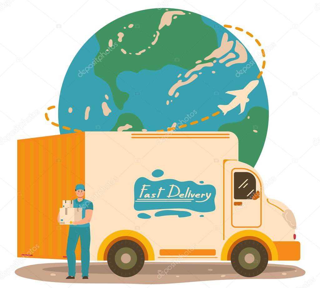 Parcel delivery, postal service, character male postman, delivery truck, isolated on white, flat vector illustration. Planet Earth, world fast, express.
