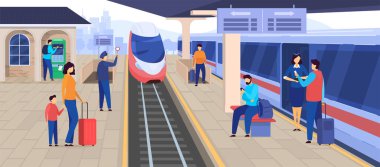 Tren tren istasyonuna varır, insanlar platformda bekler, yolcu çizgi filmi karakteri, vektör illüstrasyonu