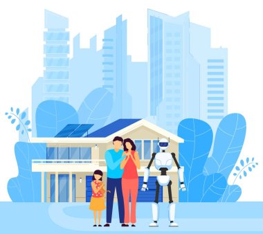 Akıllı ev, modern karakter ailesi, erkek, kadın, çocuk, robot, makine, otomatik ev asistanı, düz vektör illüstrasyonu.