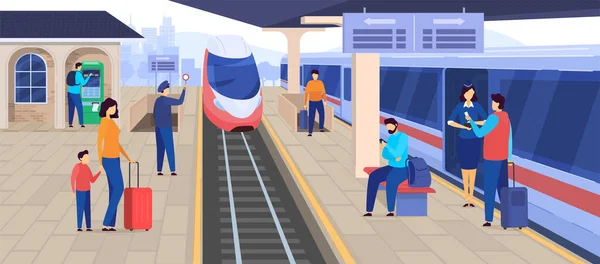 Τρένο φτάνει στο σιδηροδρομικό σταθμό, οι άνθρωποι περιμένουν στην πλατφόρμα, επιβατών χαρακτήρα κινουμένων σχεδίων, εικονογράφηση φορέα — Διανυσματικό Αρχείο