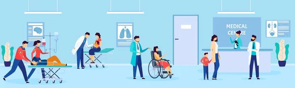 Pacjenci i lekarz w szpitalu, osoby niepełnosprawne w klinice medycznej, ilustracja wektora kreskówek opieki zdrowotnej, centrum medyczne. — Wektor stockowy