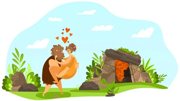 Amor casal antigo, relacionamento primitivo, personagem macho pré-histórico realizado na mão fêmea, coração, folha, flat vector illustation . —  Vetores de Stock