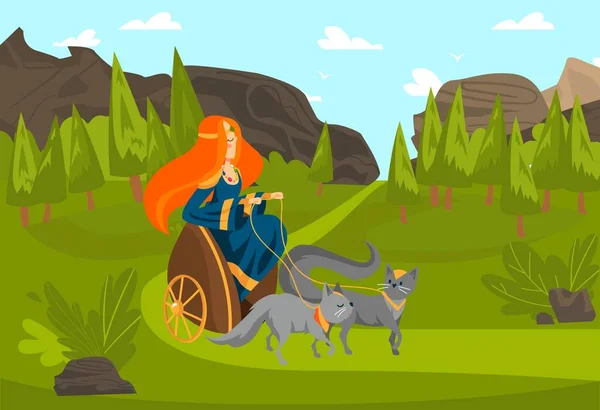 Mujer personaje escandinavo pelirroja princesa paseo carro, gato salvaje, paisaje nórdico, montaña, bosque, vector plano ilustración . — Archivo Imágenes Vectoriales
