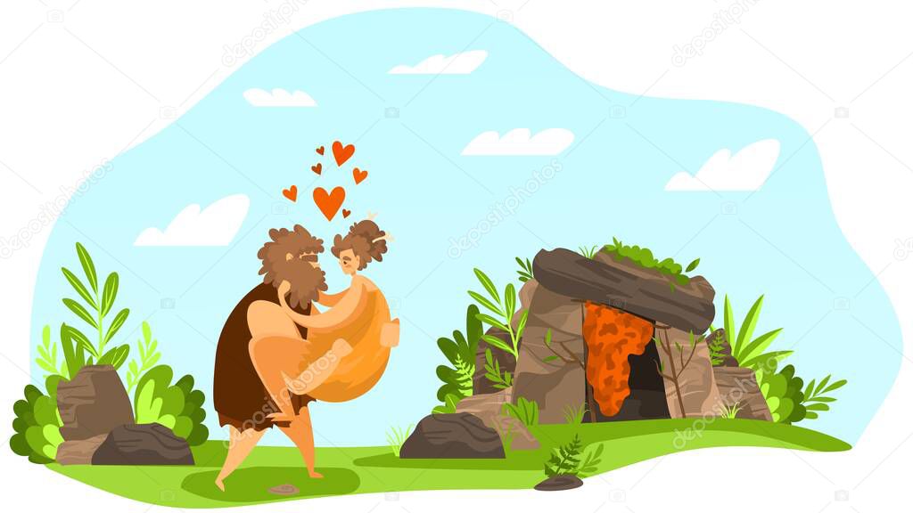 Love ancient couple, primitive relationship, character prehistoric male carried on hand female, heart, leaf, flat vector illustation.