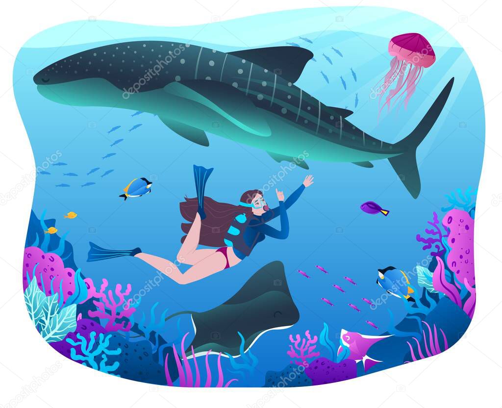 Female character diving, swim with shark, dangerous ocean, sea, woman exploring water flora, fauna, flat vector illustration.
