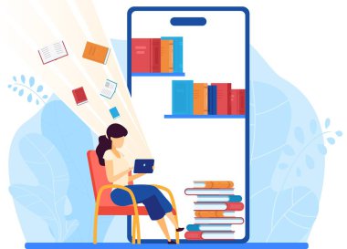 Çevrimiçi kütüphane, akıllı telefon, cep telefonu, karakter kadın okuma hacmi, dijital tablet, düz vektör resimleme.