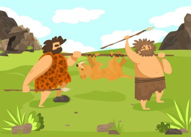 Tarih öncesi zamanlarda vahşi hayvan avlayan erkek, mızraklı adam, düz vektör çizimi. Antik kabile avlanıyor, vahşi yaşam sürüyor..