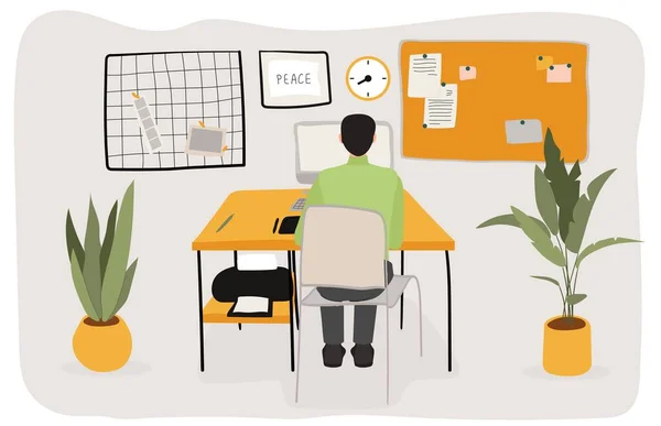Мужчина, сидящий в кабинете, работающий мужчина, офисное пространство, плоская векторная иллюстрация. Мужчина клерк, компьютер, принтер, цветок . — стоковый вектор