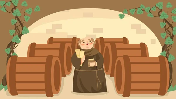 Life in middle ages, cheerfully christian monk, wine cellar, bodega, old male character, flat vector illustration. Design friar, alcohol cup. — Stock Vector