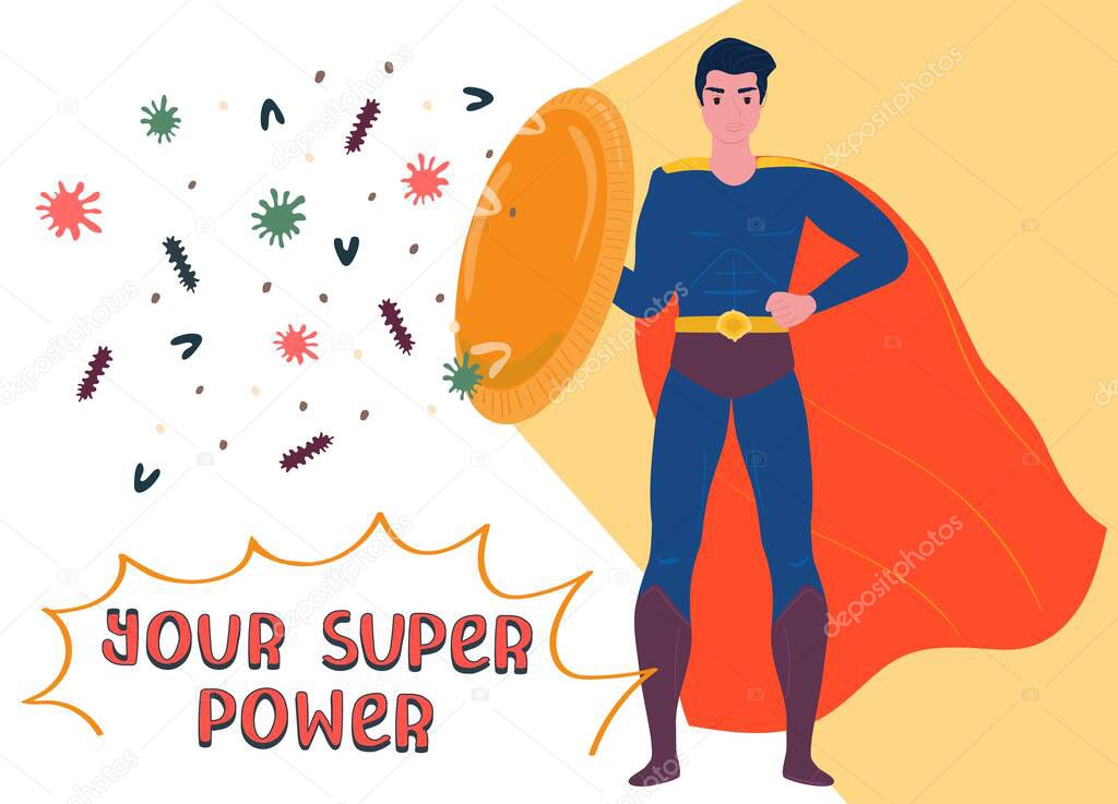 Superhero man with shield, red cloak, protect from virus, coronavirus, bacteria, concept flat vector illustration. Your super power.