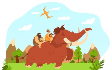 Eski çift, ilkel aile üyeleri, tarih öncesi erkek, kadın, eyerli çocuk mamut, düz vektör çizimi..
