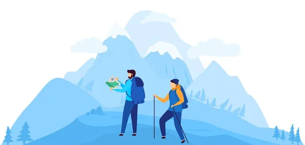 Alpinismo, alpinistas os viajantes ficam no topo do fundo da montanha olhando no mapa, carregando uma mochila em suas costas, ilustração vetorial. Viajar em alpinista de montanha — Vetor de Stock