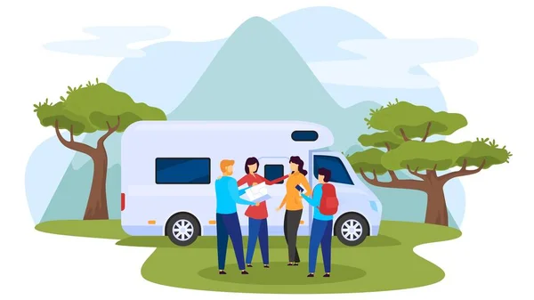 Outdoor recreation, character people rest, national park, motorhome, camping site, flat vector illustration. Human male, female plot route.