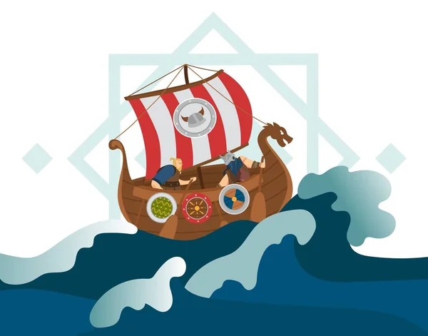 Personaje vikingo macho en barco, barco, escudo viejo, mar tormentoso, océano, ilustración vectorial plana. Viaje de vikingo, conquista de la tierra . — Archivo Imágenes Vectoriales